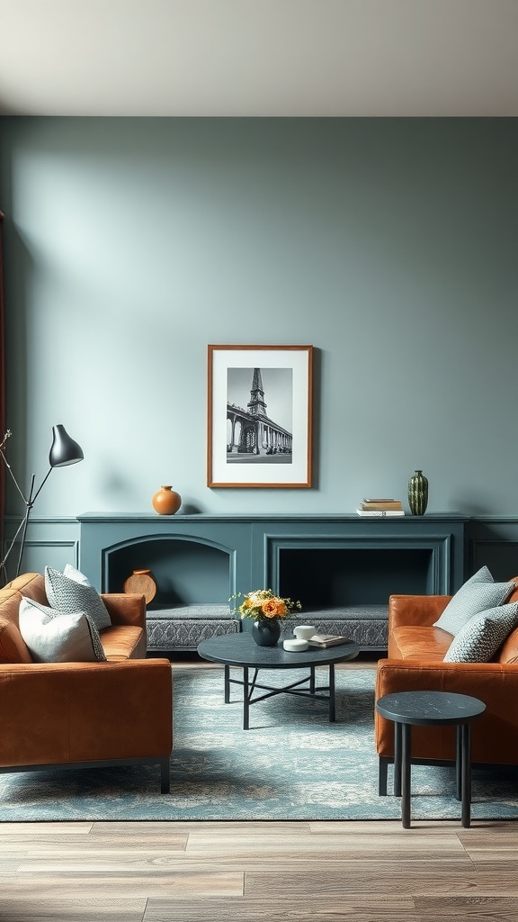 A living room featuring muted teal walls and deep brown sofas, with a coffee table and decorative elements.