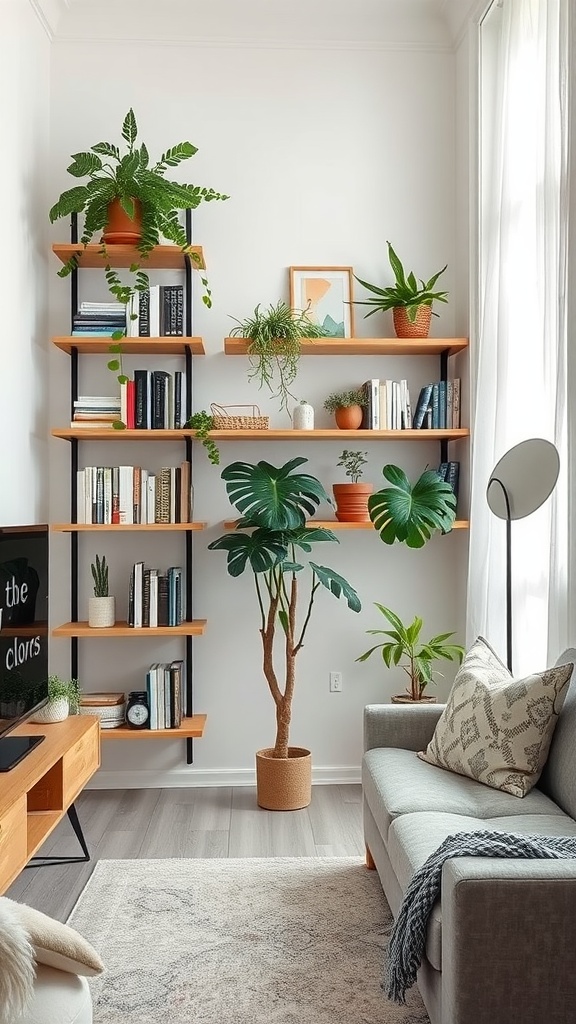 A corner living room with narrow shelves filled with books and plants