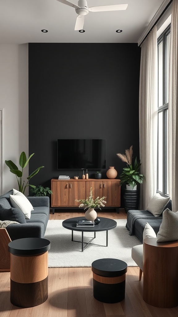 A modern living room with dark wall, wooden furniture, plants, and a cozy atmosphere.