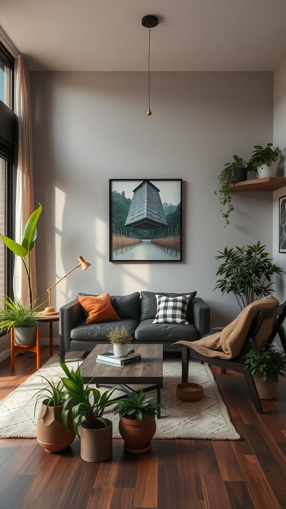 A dark boho living room with natural elements showcasing plants, wooden furniture, and artwork.