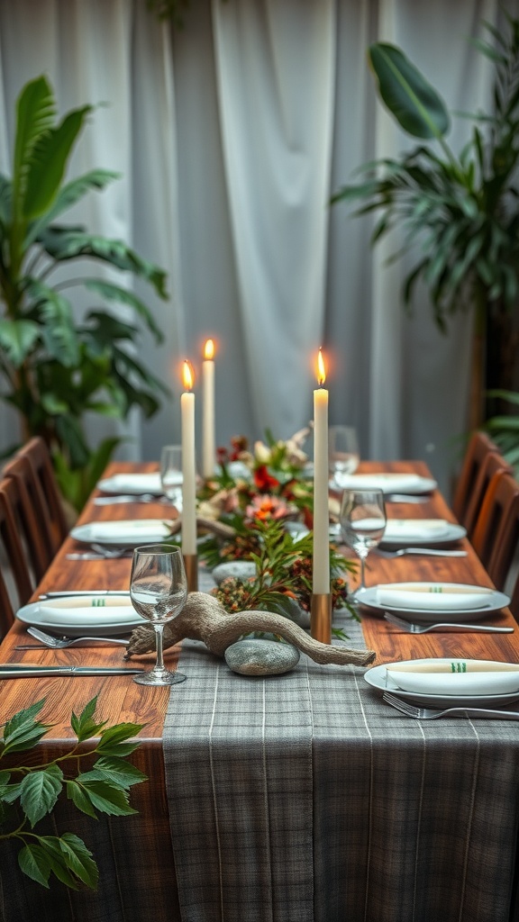 A beautifully set dinner table with natural decor elements, featuring candles, greenery, and a wooden table.