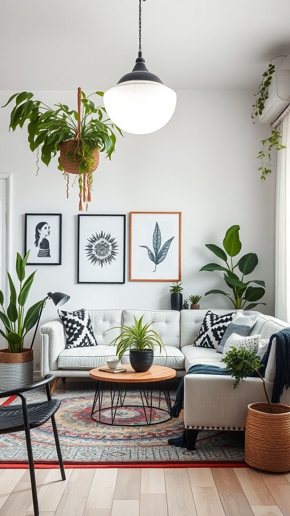 A boho living room featuring natural elements and greenery with plants, a comfortable sofa, and a coffee table.