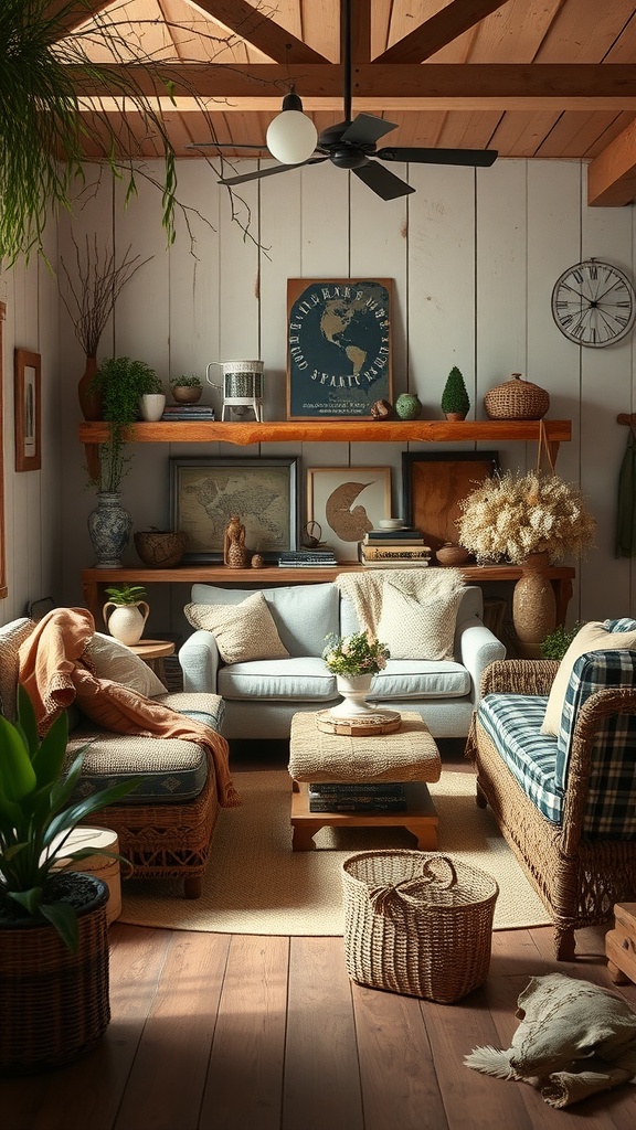 Cozy farmhouse style living room with natural elements and textures, featuring wooden beams, plants, and woven decor.