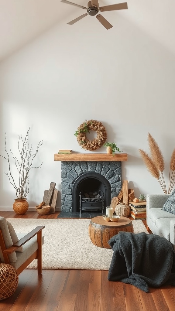 A cozy living room with a black fireplace, wooden mantel, natural decor, and comfortable seating.