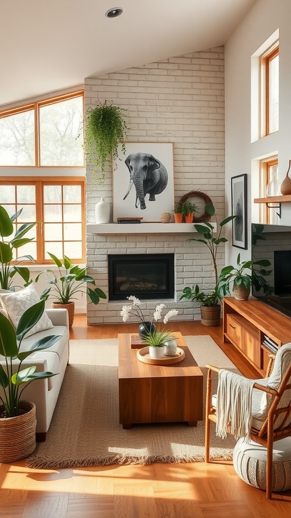 Cozy ranch-style living room featuring natural elements such as plants, wooden furniture, and soft textures.