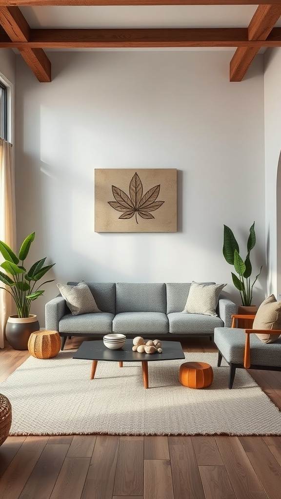 A minimalist bohemian living room with natural decor elements, including a gray sofa, wooden features, and plants.