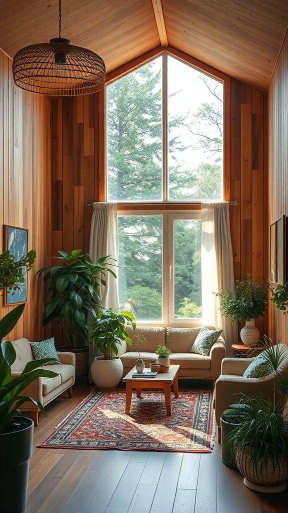 A sunken living room with wooden walls, large windows, plants, and cozy furniture.