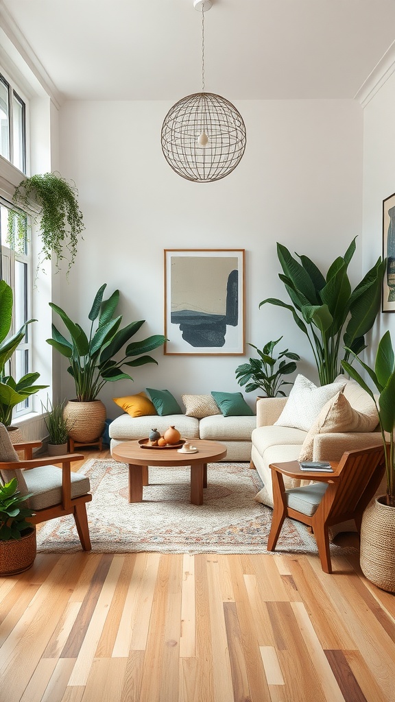 A modern boho living room featuring wooden furniture, plants, and a cozy atmosphere.