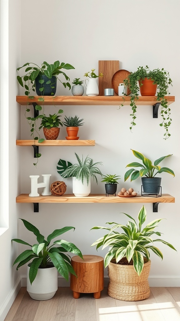 Wooden shelves adorned with various plants, pots, and decorative items in a bright living room.