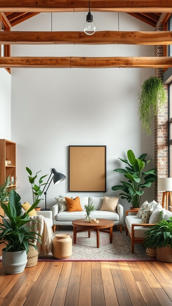 A boho industrial living room featuring wooden beams, green plants, and a cozy seating arrangement.