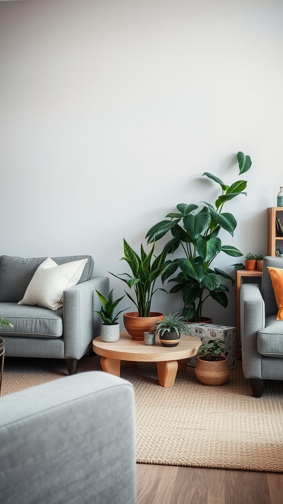 A stylish living room featuring grey sofas and various plants in neutral-toned pots, creating a warm and inviting atmosphere.