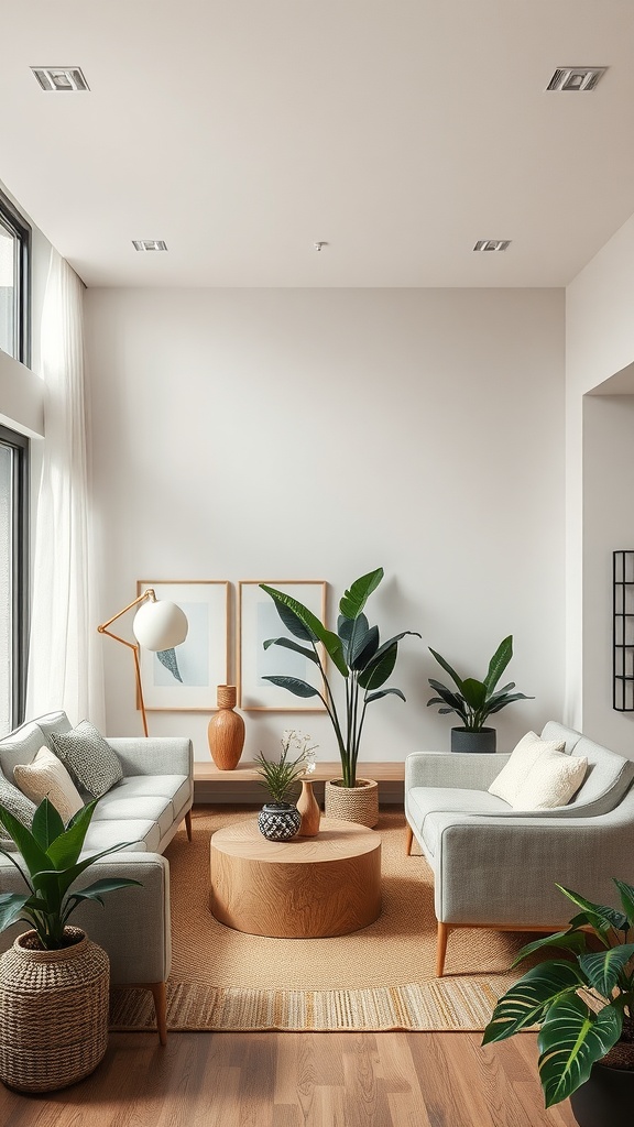 A cozy living room featuring beige and black elements with natural plants, wooden coffee table, and modern decor.