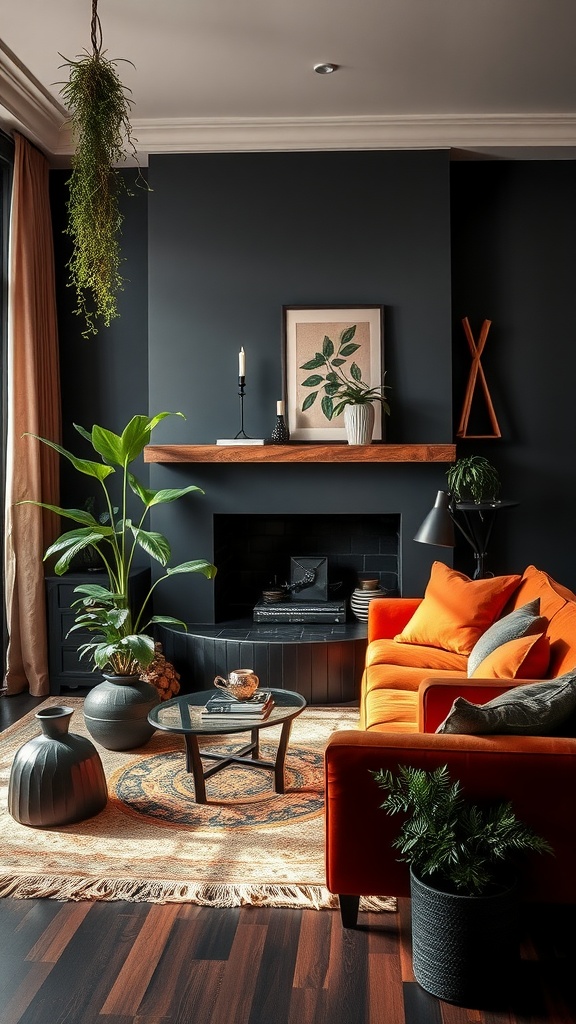 A modern living room featuring black walls, a burnt orange sofa, various plants, and natural decor elements.