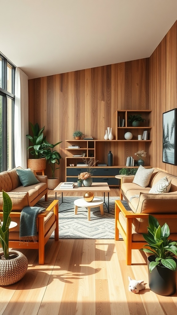 A modern rustic living room with wooden walls, plants, and cozy furniture.