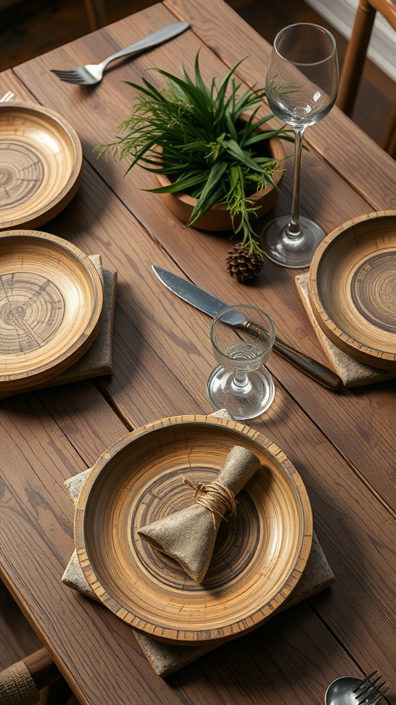 A beautifully set wooden table with natural elements, featuring wooden plates, a plant, and a tied napkin.