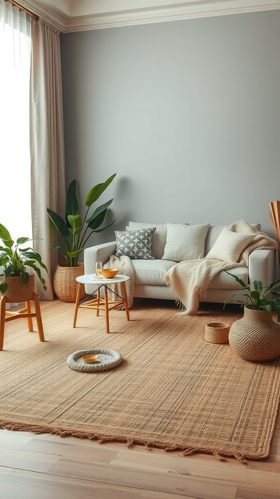 Cozy living room with a natural fiber carpet, neutral colors, and indoor plants.