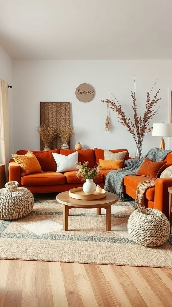 A cozy living room featuring orange sofas, natural fiber poufs, and a warm color palette.