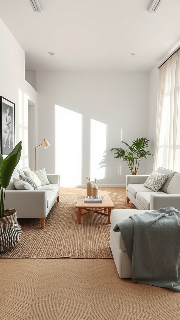 A neutral living room featuring natural fiber rugs, light furniture, and plants.