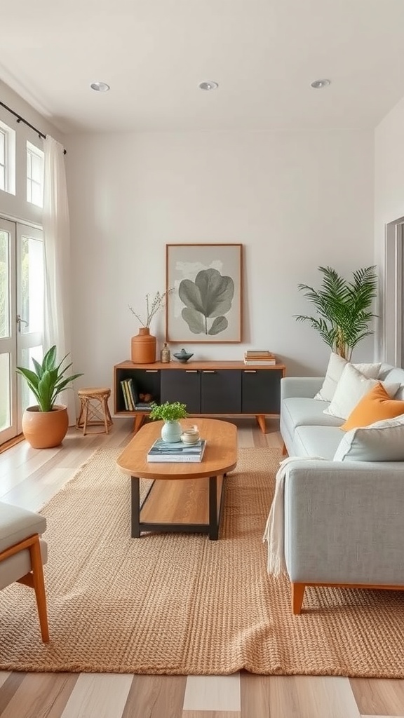 A cozy living room featuring a natural fiber rug, light gray sofa, wooden coffee table, and indoor plants.