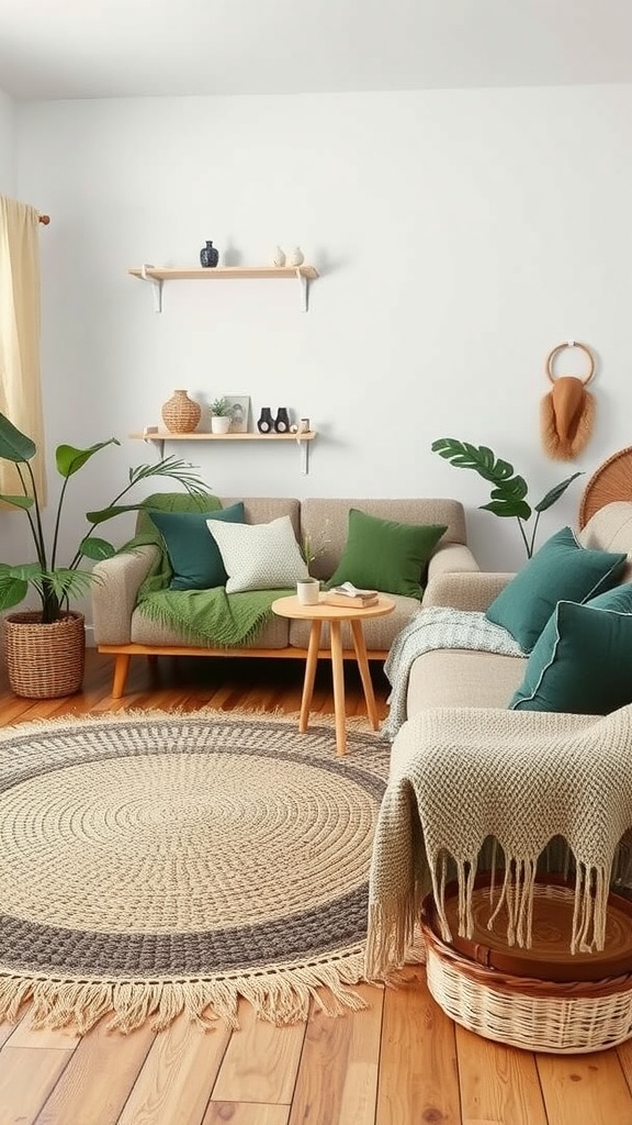 A cozy living room with natural fiber textiles, featuring a sofa with green cushions, a round rug, and indoor plants.