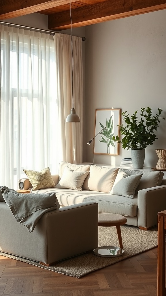 A minimalist bohemian living room featuring natural fiber upholstery with a cozy sofa, wooden beams, and plants