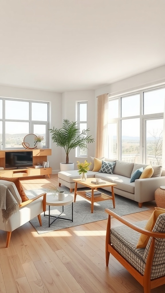 A bright modern western living room with large windows allowing natural light to fill the space, featuring comfortable furniture and plants.