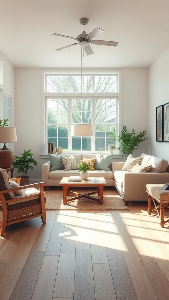 Bright and cozy living room with large windows allowing natural light, featuring comfortable furniture and indoor plants.