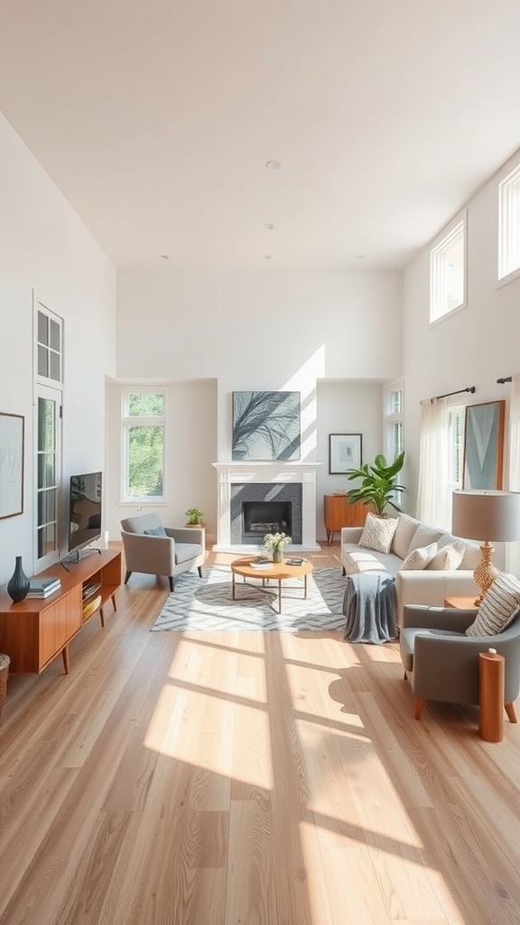 A bright, airy minimalist bohemian living room with large windows letting in natural light, featuring simple furniture and elegant decor.