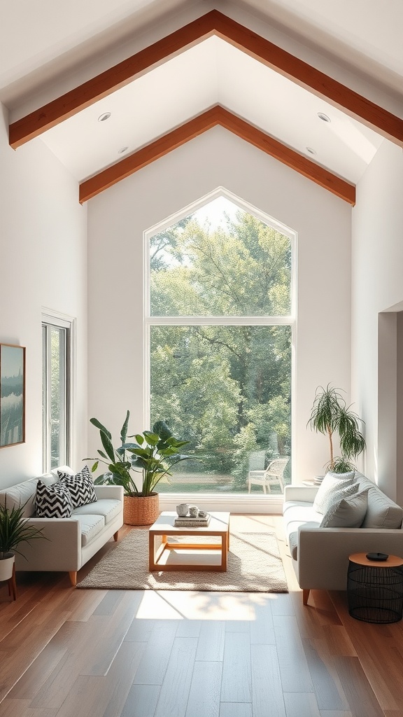 A bright and airy modern boho living room with large windows, wooden beams, and plants