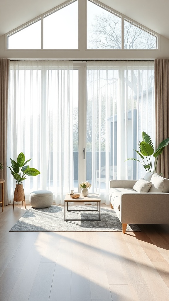 Bright and airy living room with large windows, light curtains, and plants.