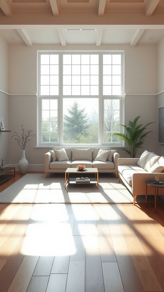 A minimalist living room featuring large windows that emphasize natural light, with a cozy sofa and plants.