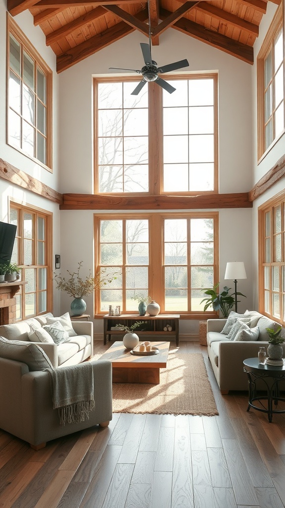 Bright modern rustic living room with large windows and natural light