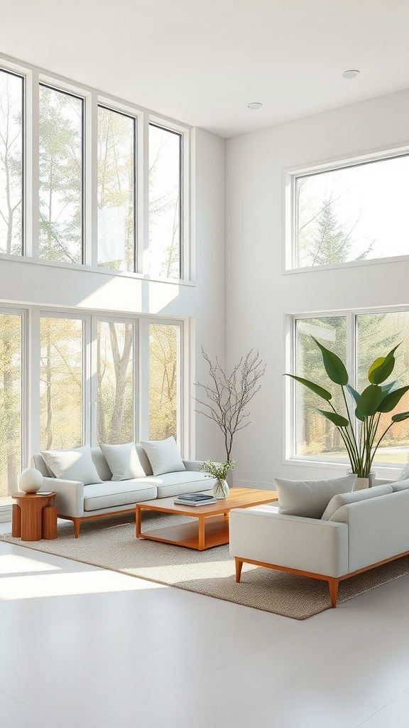 Bright living room with large windows, neutral furniture, and plants