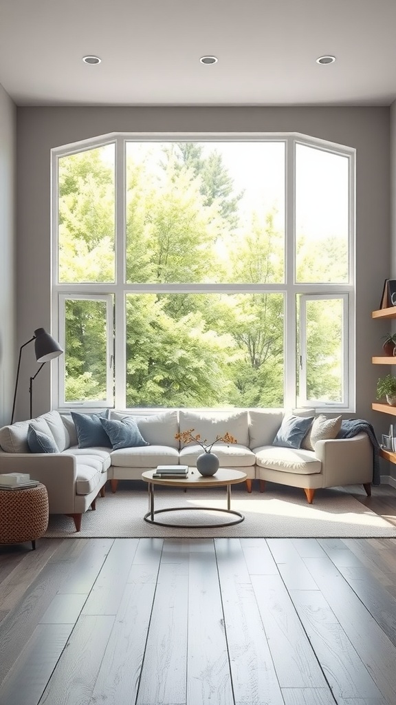 A bright gray living room with large windows and a cozy sectional sofa.