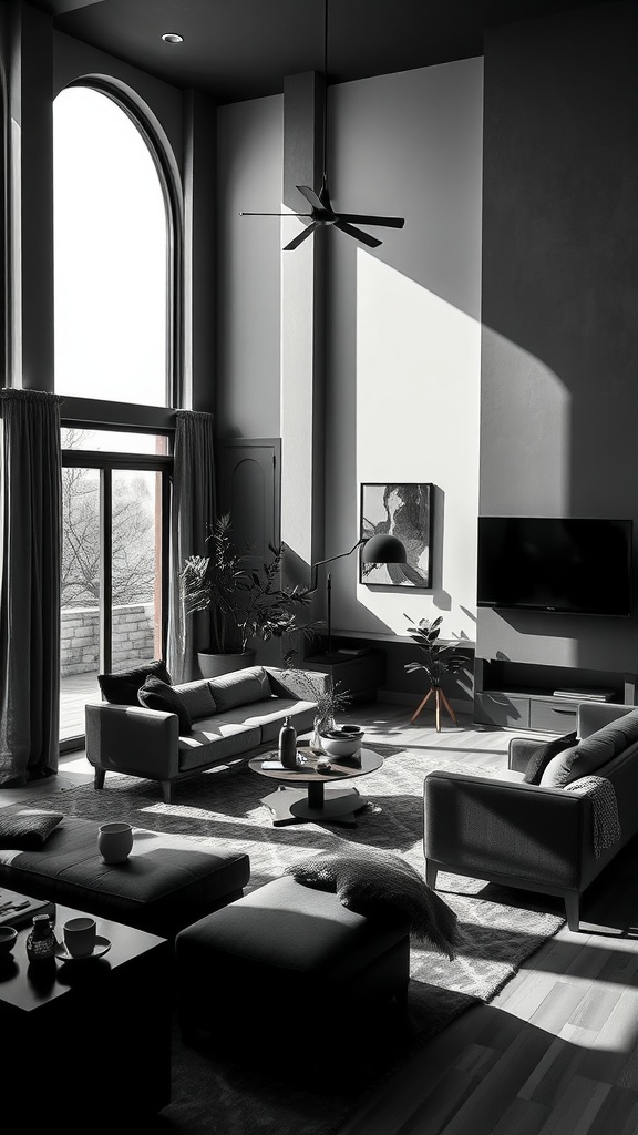 A modern living room with large windows, dark furniture, and natural light.