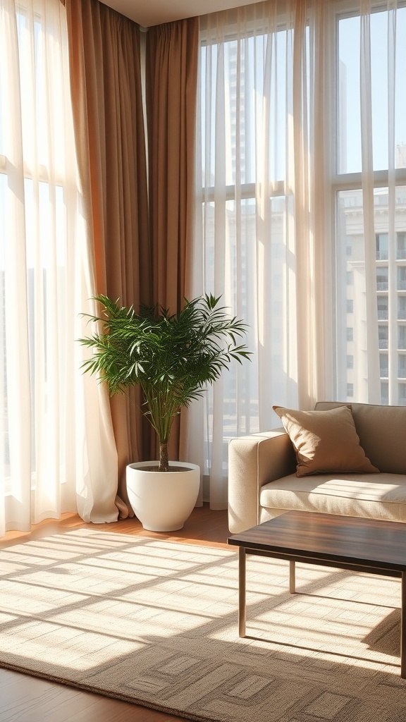 A cozy living room with large windows letting in natural light, adorned with soft curtains and a potted plant.