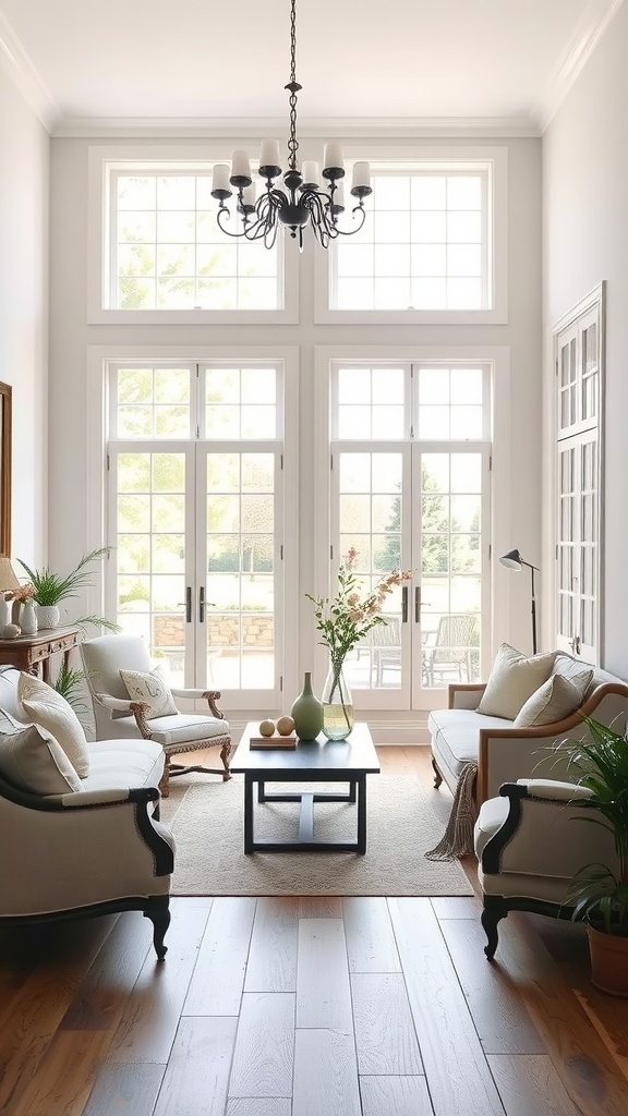 A bright and airy French country living room with large windows, comfortable seating, and plants.