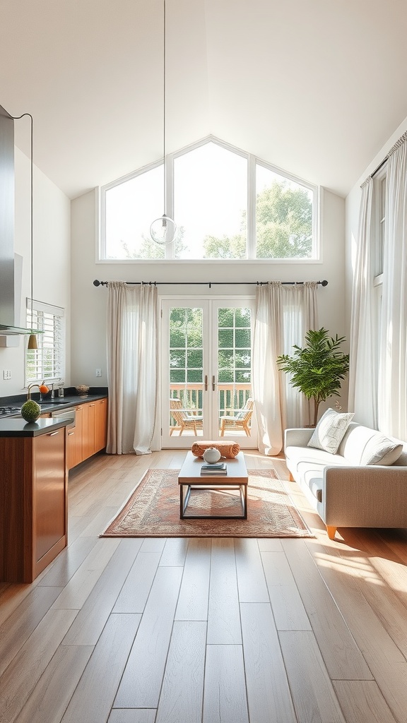 A bright open kitchen living room with large windows, wooden floors, and elegant curtains