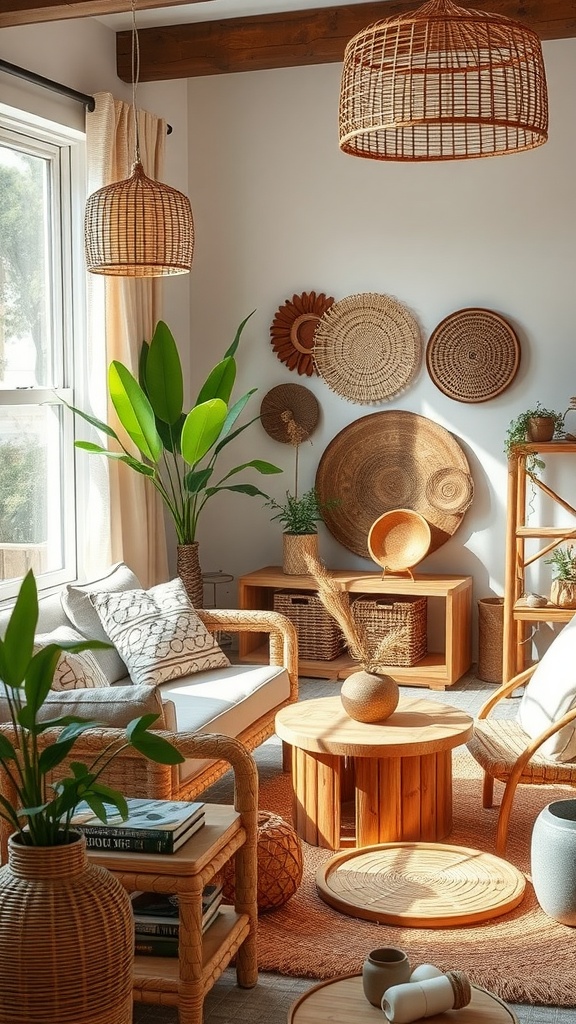 A cozy boho living room featuring rattan furniture, wall decor made of woven materials, and greenery.