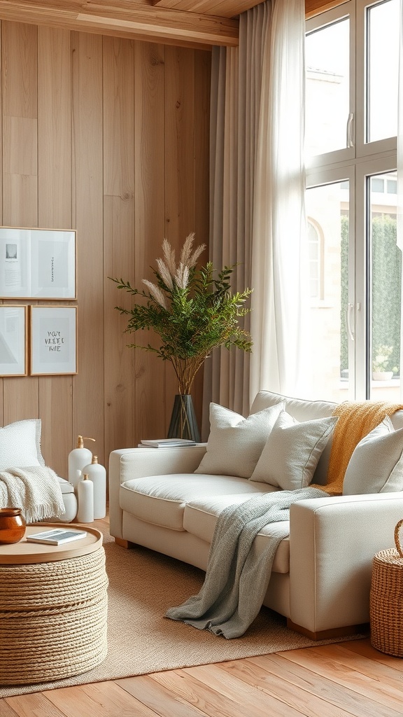 A cozy beige living room featuring wooden walls, a light-colored sofa with cushions, a round rope coffee table, and greenery.