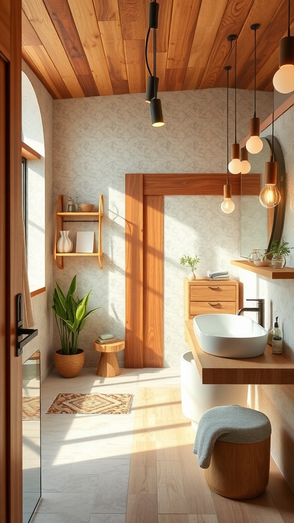 A warm and inviting bathroom featuring wooden ceiling and furnishings, soft lighting, and plants.