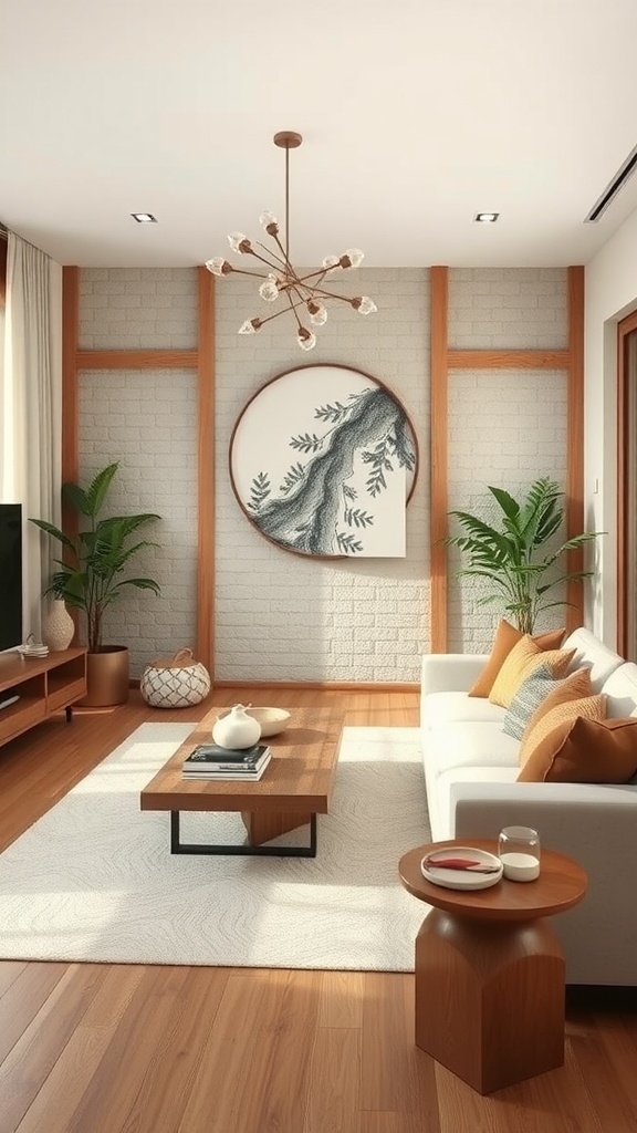 A minimalist bohemian living room featuring natural textures and earthy tones.