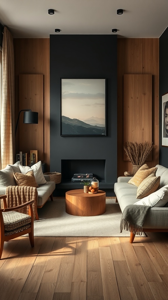 Cozy living room featuring natural textures with a black and tan color scheme