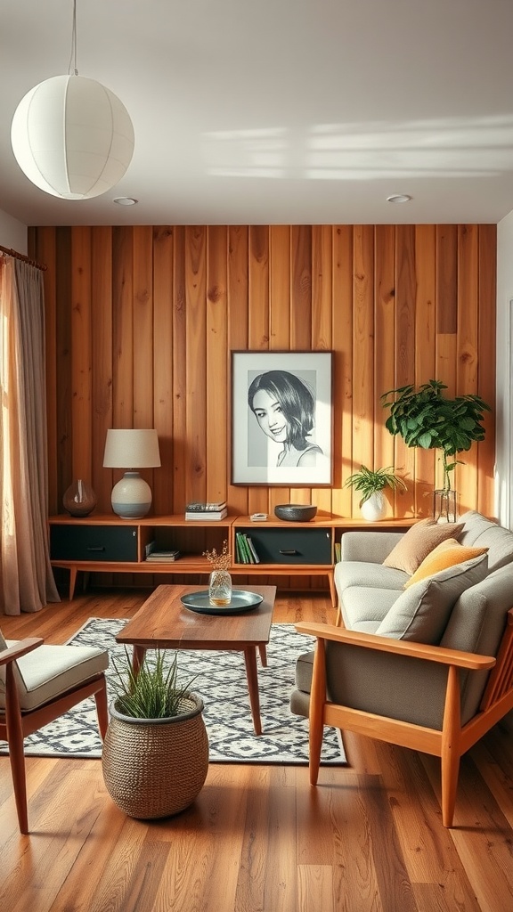 A mid-century boho living room featuring natural wood accents, warm tones, and cozy furnishings.