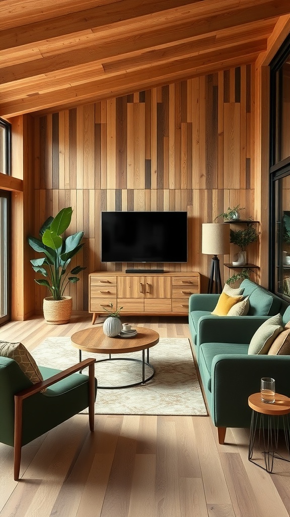 A cozy living room featuring natural wood accents, green couches, and a large plant, creating a warm and inviting atmosphere.