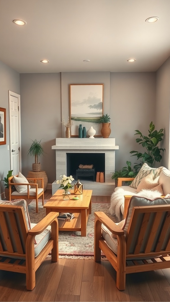 A cozy living room featuring natural wood accents in furniture and decor