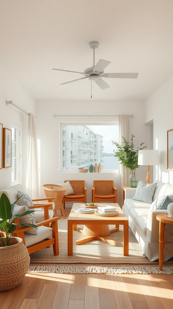 A cozy coastal living room featuring natural wood furniture and decor.