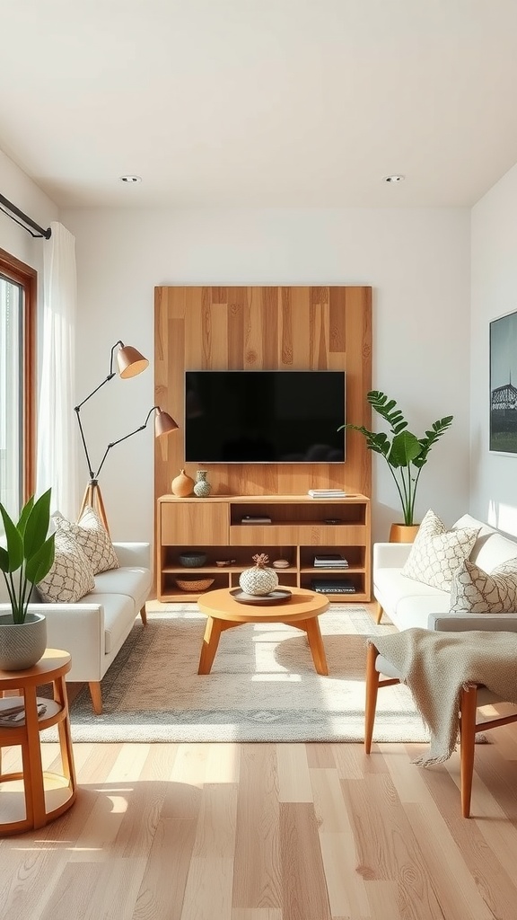 Light wood accents in a cream and white living room with plants and cozy furniture