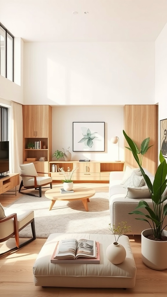 A beige living room with natural wood accents, featuring a cozy sofa, wooden furniture, and plants.