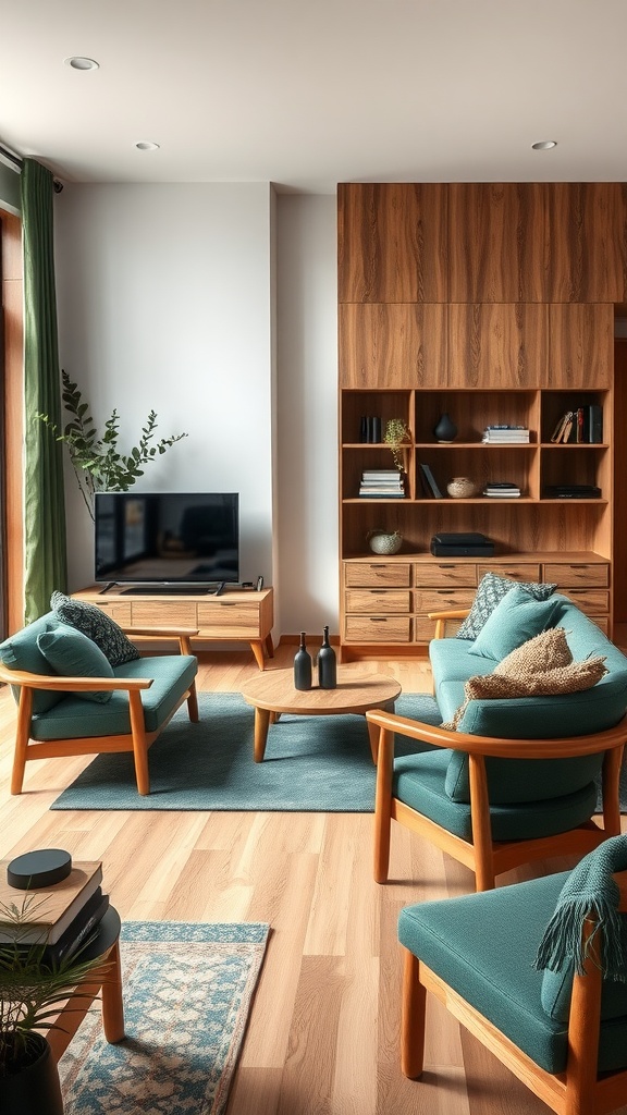 Living room featuring natural wood furniture and dark green accents.